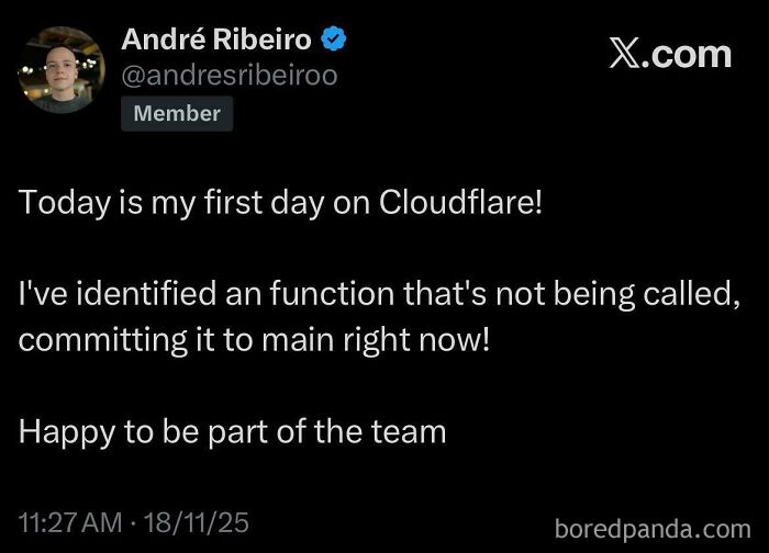 Tweet from programmer André Ribeiro humorously discussing debugging and committing code on his first day at Cloudflare.