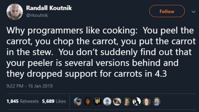 Tweet about why programmers like cooking, comparing debugging struggles to outdated software versions with carrots.