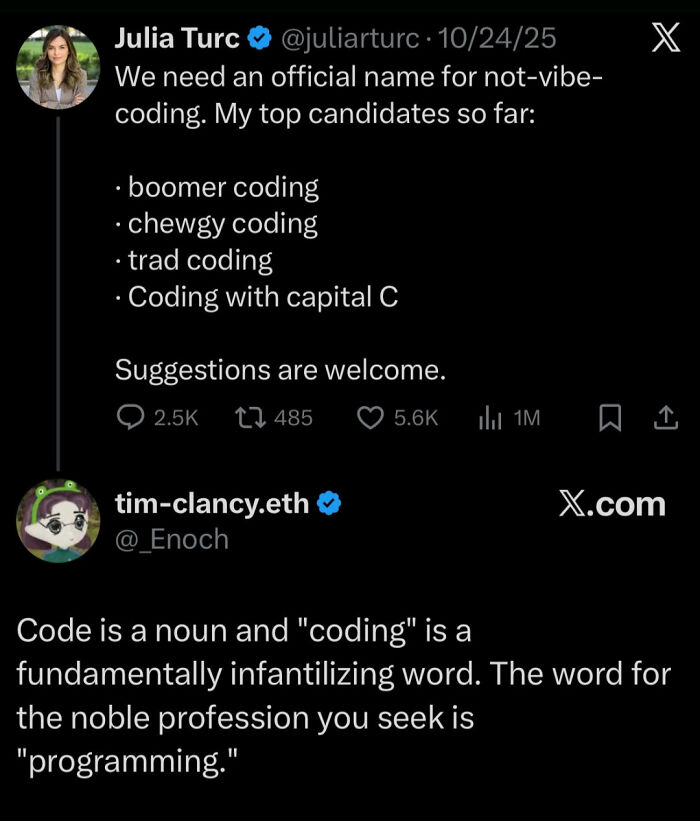 Screenshot of a humorous Twitter exchange about coding terminology discussing programming and debugging struggles.