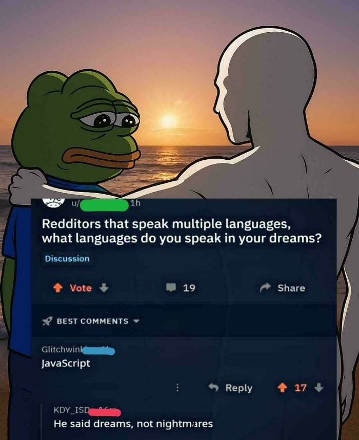 Sad cartoon frog being comforted at sunset with a programming meme about JavaScript and debugging struggles.