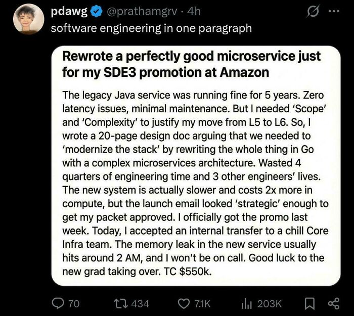 Tweet about rewriting a microservice for promotion highlighting common struggles in programming and debugging.