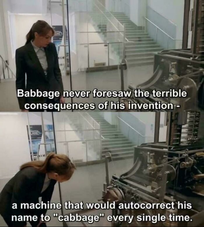 Woman in black suit looking at an old machine with a programming meme about autocorrect frustration, illustrating debugging struggles.