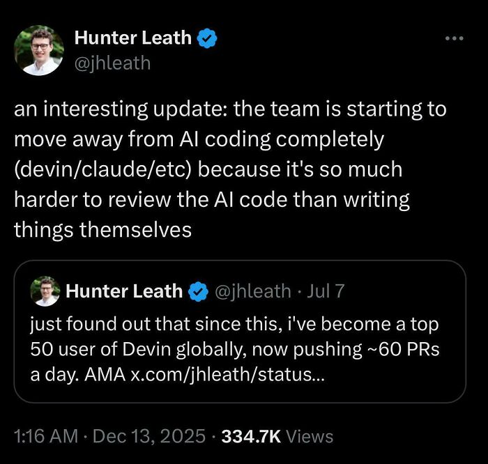 Tweet screenshot discussing the challenge of reviewing AI-generated code, highlighting programming memes about debugging struggles.