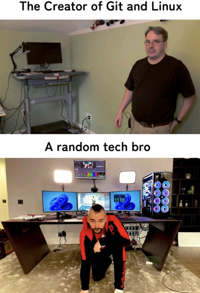 Comparison meme showing the creator of Git and Linux with a simple setup versus a tech bro with a multi-monitor gaming rig.