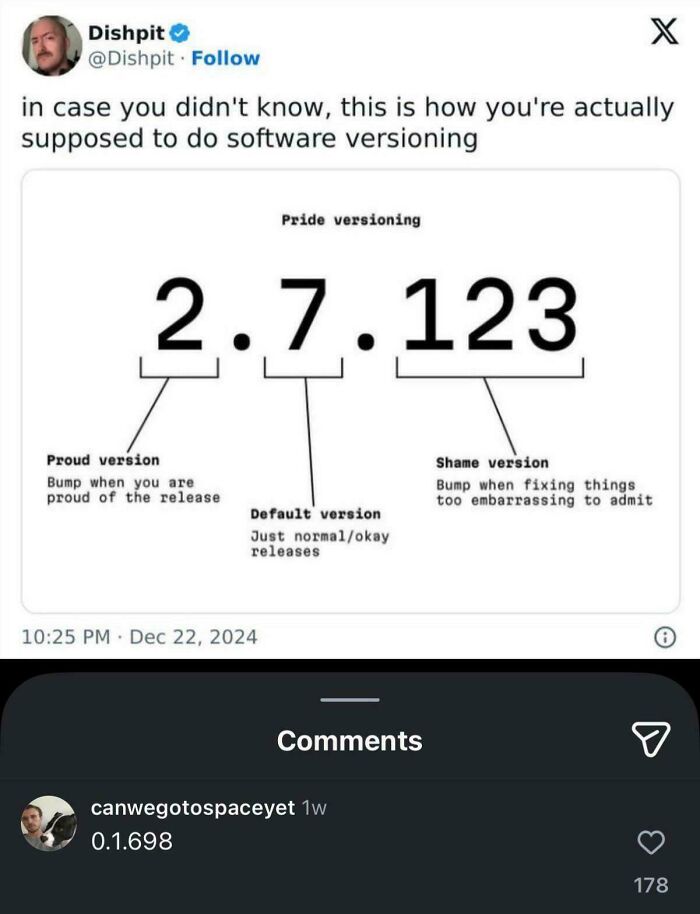 Programming meme explaining software versioning with proud, default, and shame versions, highlighting debugging struggles humor.
