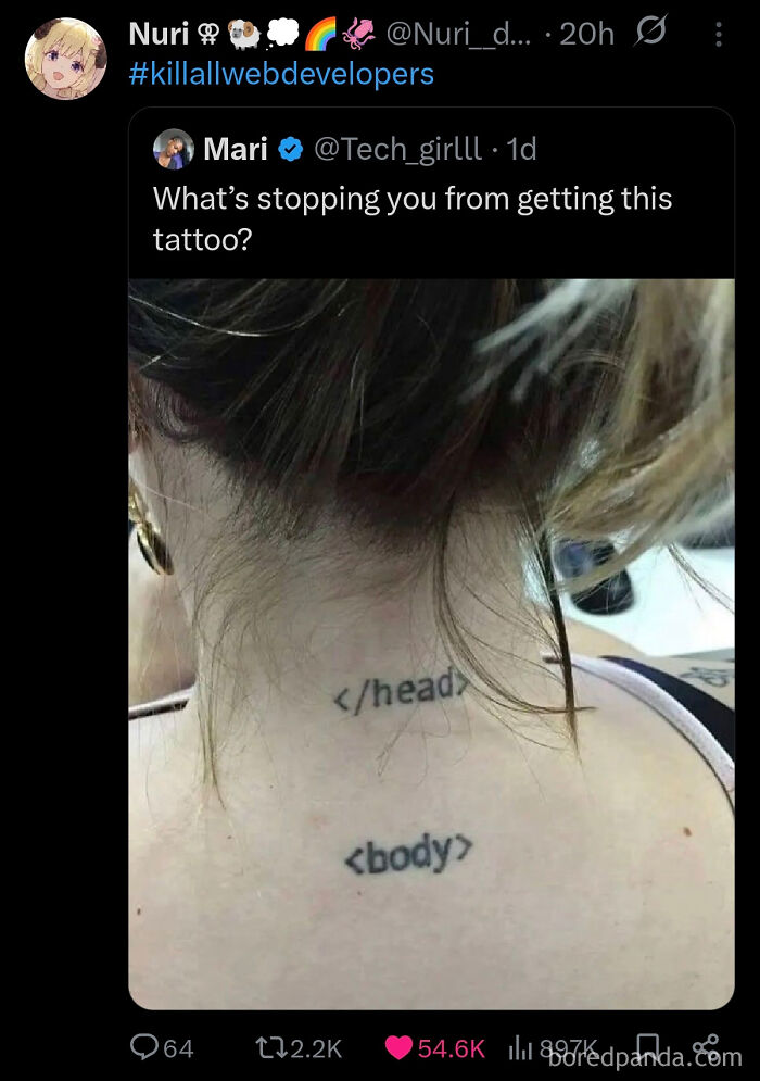 Close-up of a person’s neck and upper back with HTML programming tattoos showing debugging as a universally annoying struggle.