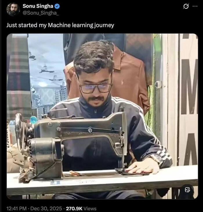 Man wearing glasses using an old sewing machine humorously representing debugging and programming struggles.