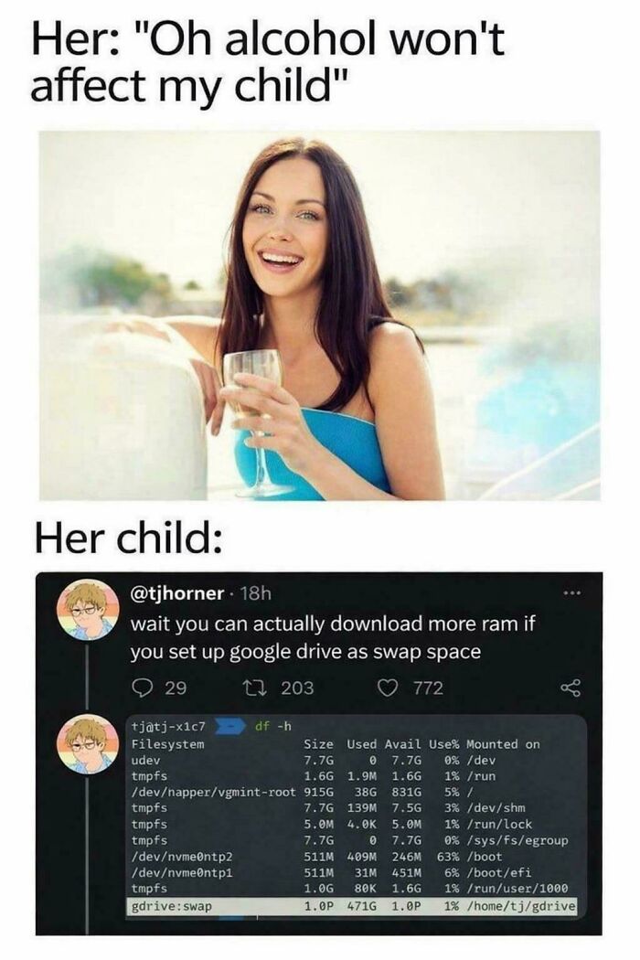 Woman smiling holding a glass and a programming meme about downloading more RAM using Google Drive swap space debugging struggle.