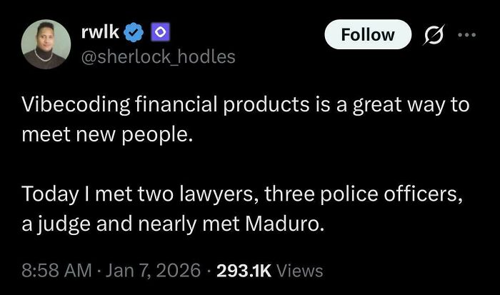 Tweet about vibecoding financial products humor, illustrating programming memes on the universally annoying debugging struggle.