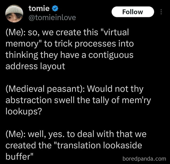 Tweet showing a humorous programming conversation about virtual memory and translation lookaside buffer in debugging struggles.