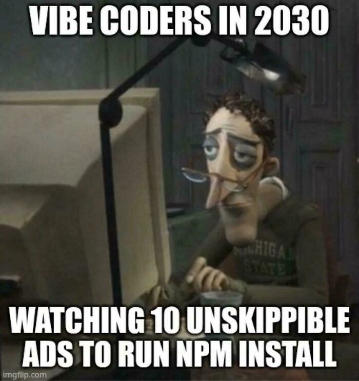 Tired programmer at computer frustrated by ads interrupting npm install, illustrating debugging struggle in programming memes.
