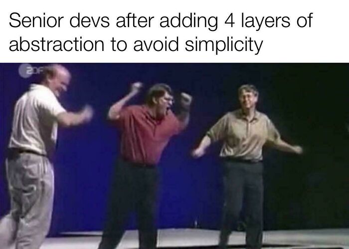 Three men dancing energetically on stage illustrating programming memes about complexity and debugging struggles.