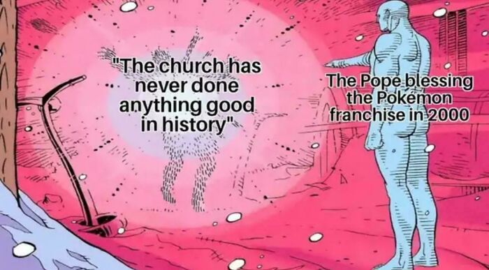 A history meme depicting a character similar to Dr. Manhattan, showing the Pope blessing the Pokemon franchise in 2000.