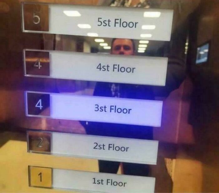 Elevator panel showing incorrect floor labels with ordinal numbers, highlighting a common sense fail and job fail.