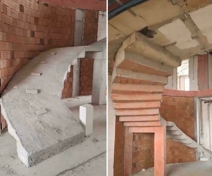 Concrete staircase under construction with serious design fail demonstrating you had one job common sense fail.