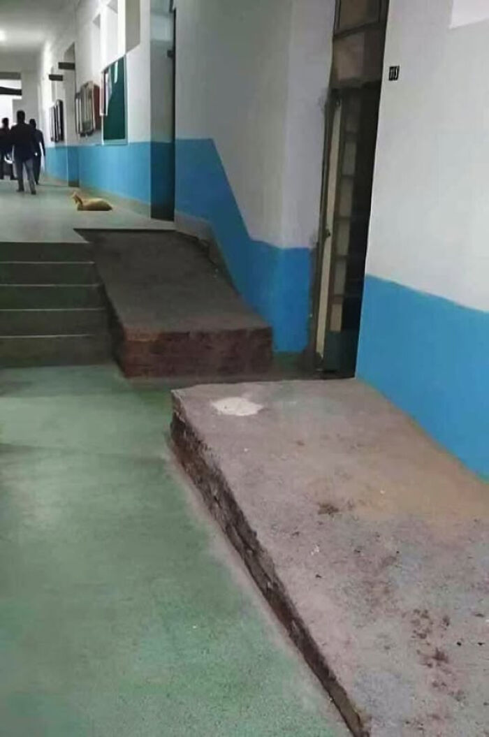 Ramp in hallway fails to connect properly, showcasing common sense fail and You Had One Job construction error.