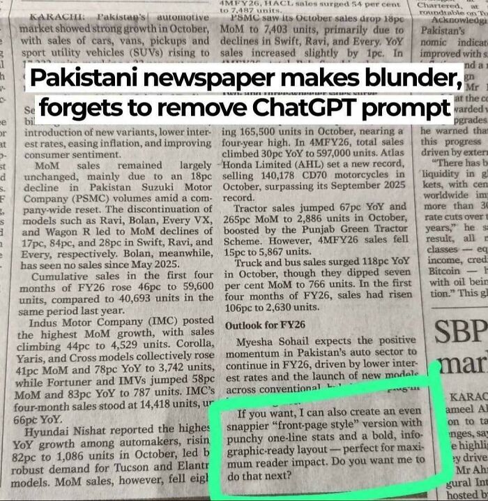 Pakistani newspaper fail leaves ChatGPT prompt visible highlighting one job fail common sense errors in print media.