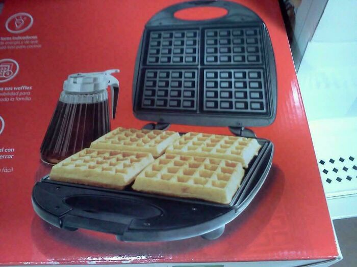 Waffle iron fail with waffles broken and mismatched, illustrating one job fails and common sense mistakes.