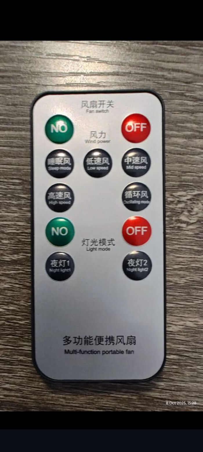 Remote control with buttons labeled no and off for a multi-function portable fan, illustrating you had one job fails.