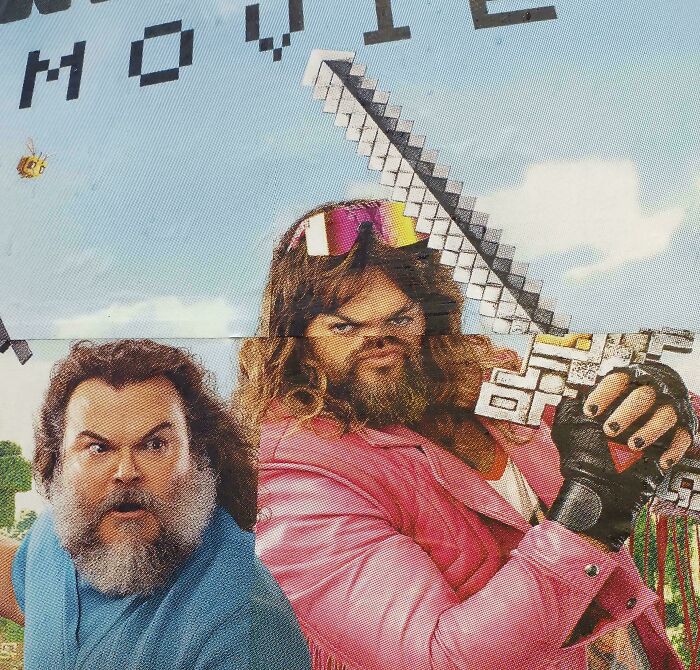 Two men in exaggerated cosplay poses holding pixelated swords in a humorous You Had One Job fails scene.