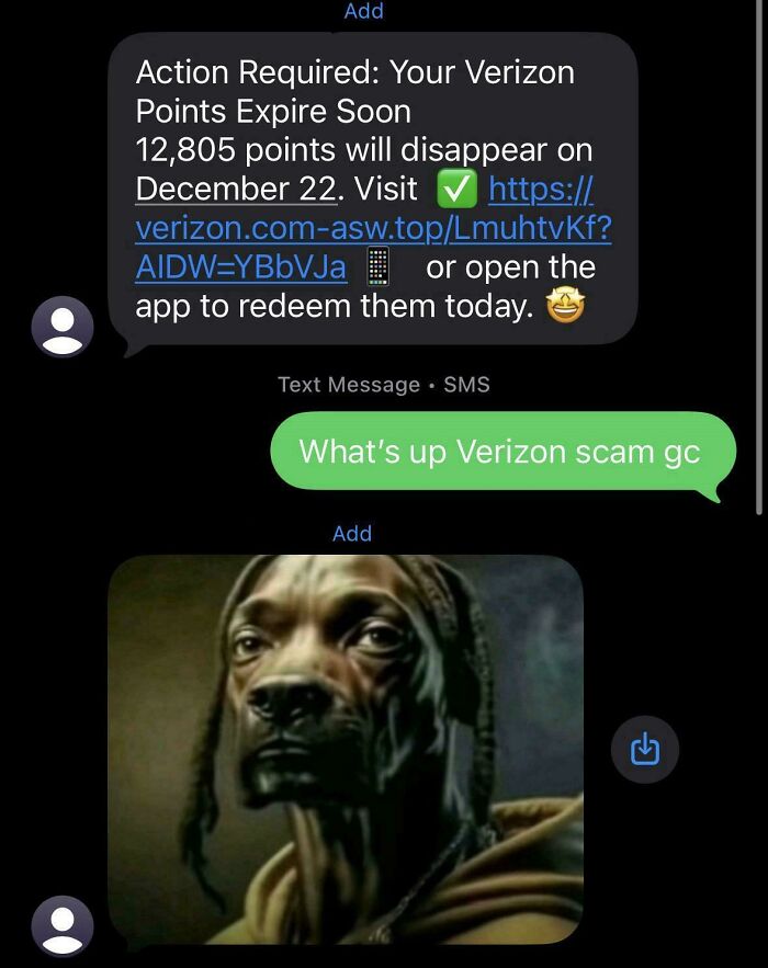 Screenshot of a ridiculous you had one job fail showing a Verizon points scam text and a confused dog meme reply.