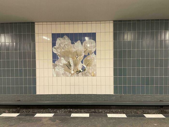 Subway wall tile art of white flowers with one tile missing, showcasing a You Had One Job fail in public design.