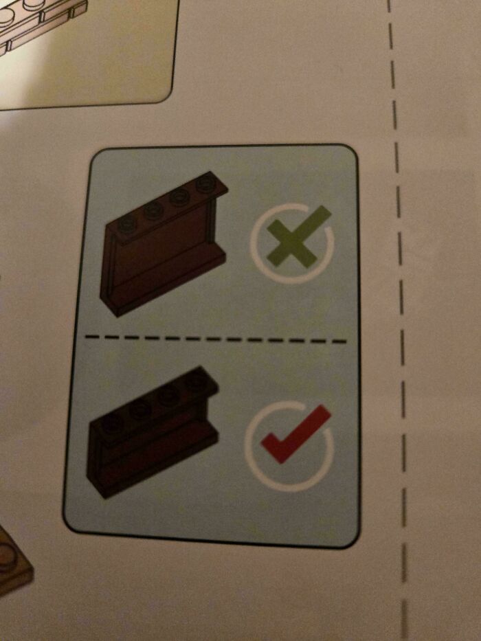 Assembly instruction showing correct and incorrect orientation of a piece in a You Had One Job fail example.