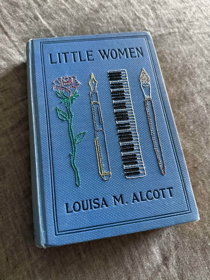 Stunning embroidery creation on a Little Women book cover, inspiring embroidery hobbyists.
