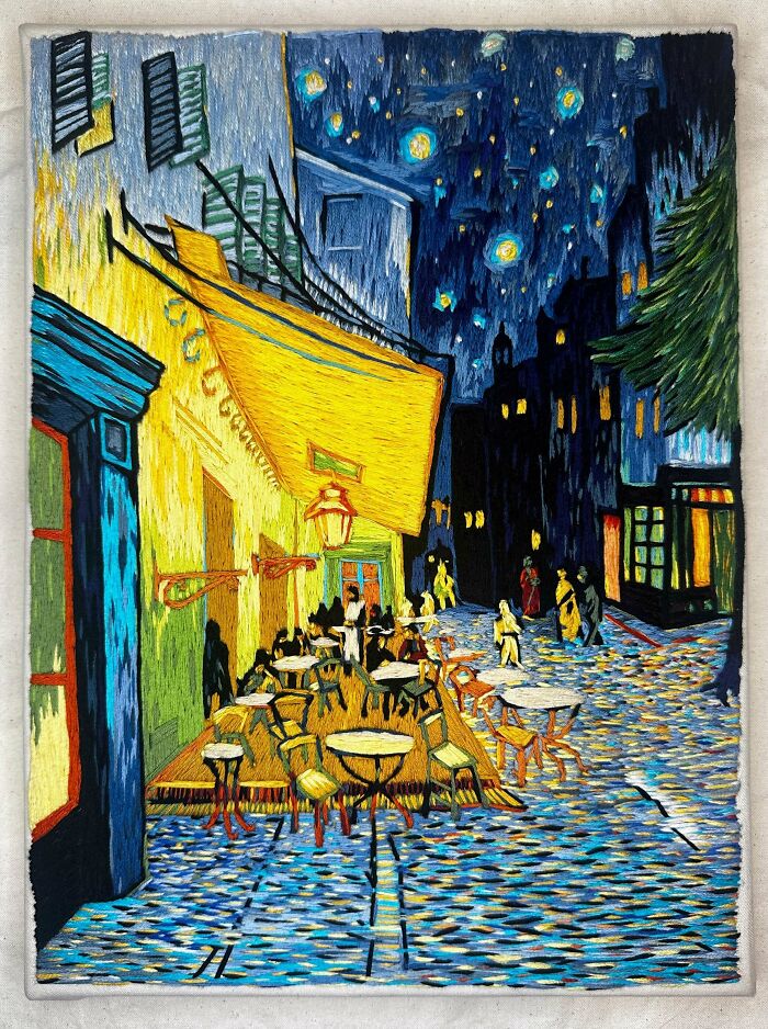 Stunning embroidery creation of Van Gogh's Cafe Terrace at Night, inspiring embroidery hobbyists.