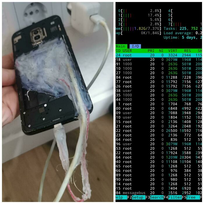 A makeshift redneck engineering phone repair using melted glue and exposed wires plugged into a power socket.