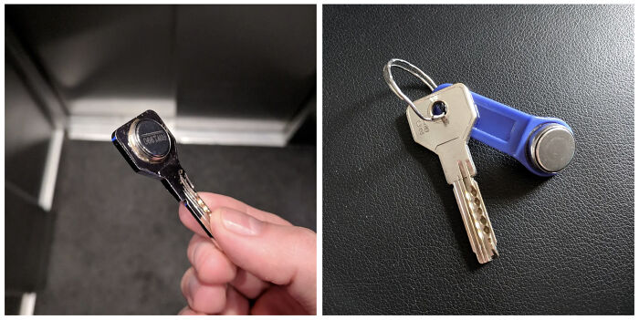 Two images showing examples of redneck engineering with keys repurposed or modified in unusual ways.