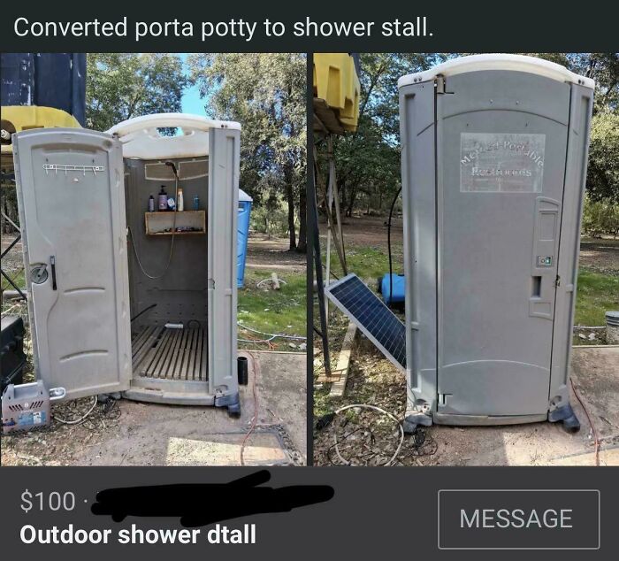 Converted porta potty into outdoor shower stall, an example of creative redneck engineering in a rural outdoor setting.