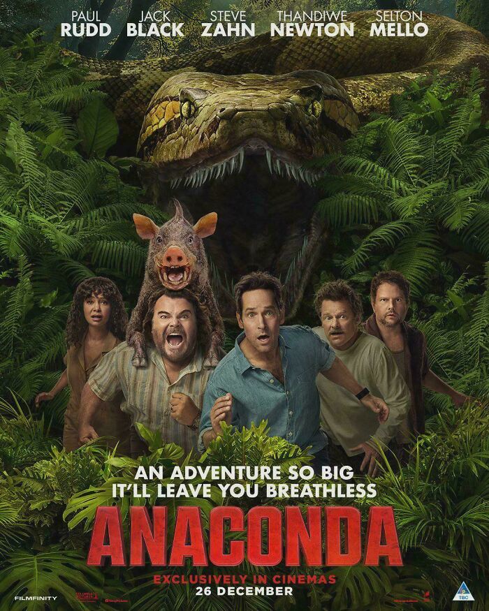 Movie poster featuring characters running from a giant anaconda, highlighting hilariously absurd movie details and scenes.