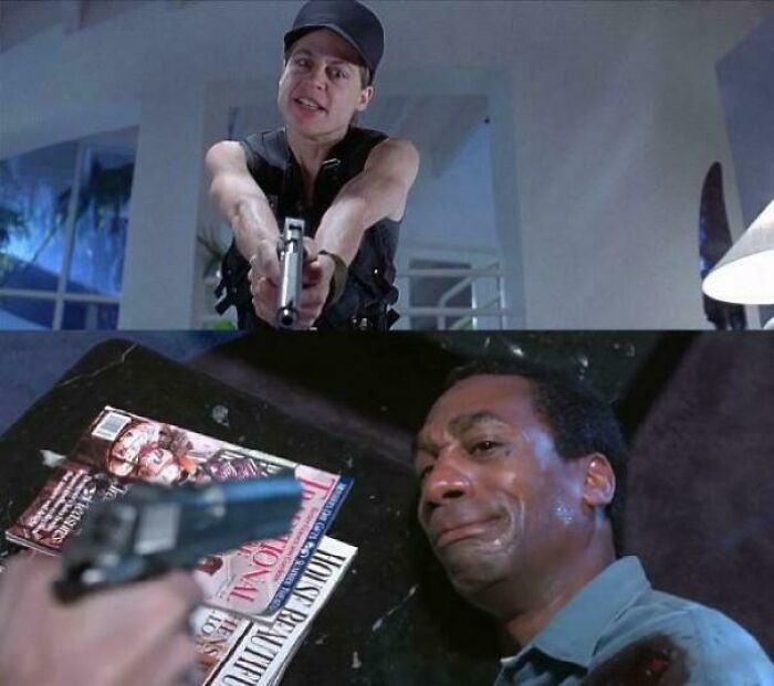 Scene from a movie showing a tense standoff with a gun, highlighting absurd movie and TV details humorously.
