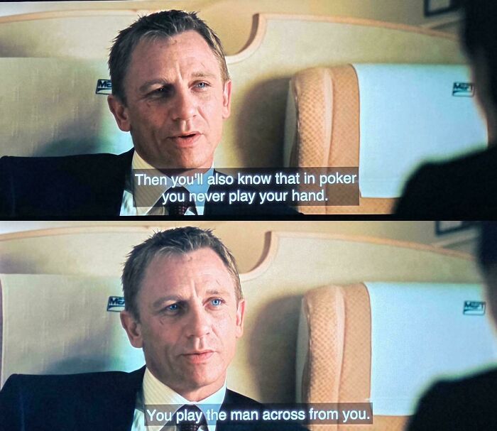 Scene from a movie showing a man explaining poker strategy, highlighting absurd movie and TV details humorously.