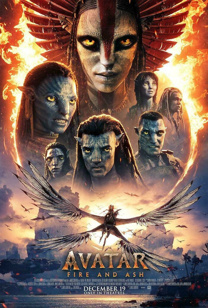 Movie poster featuring characters from Avatar Fire and Ash with dramatic lighting highlighting absurd movie and TV details.