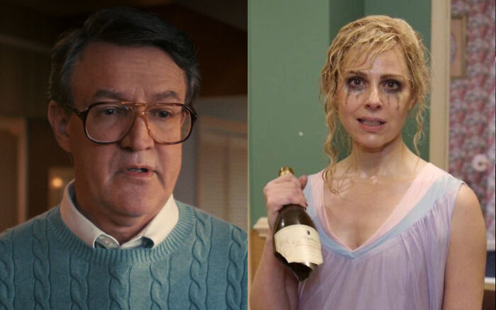 Man in blue sweater and glasses beside woman with smeared makeup holding bottle, illustrating absurd movie and TV details.