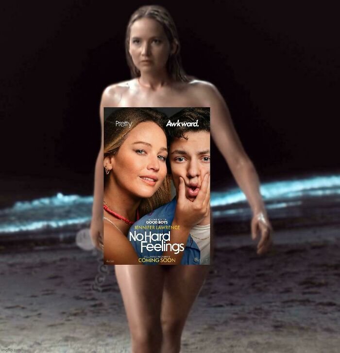 Woman walking on the beach at night with an absurd movie poster edited over the image for hilariously absurd movie details.