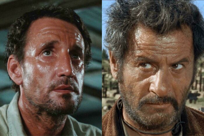 Close-up of two male actors in dramatic movie scenes, showcasing hilariously absurd movie and TV details humorously accurate.