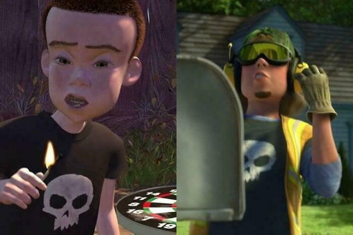 Two animated characters wearing black skull shirts in different scenes illustrating absurd movie and TV details.