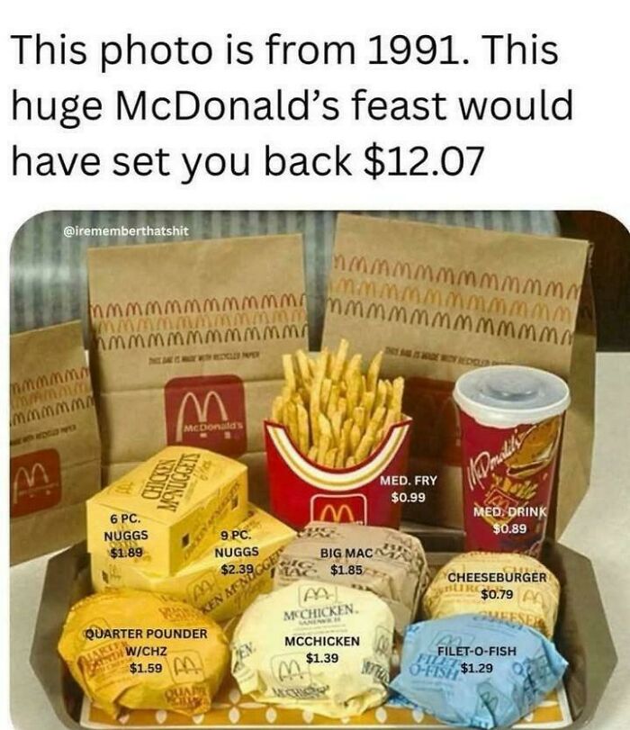 1991 McDonald's feast with fries, nuggets, burgers, and drink showcasing nostalgic '90s posts and memes.