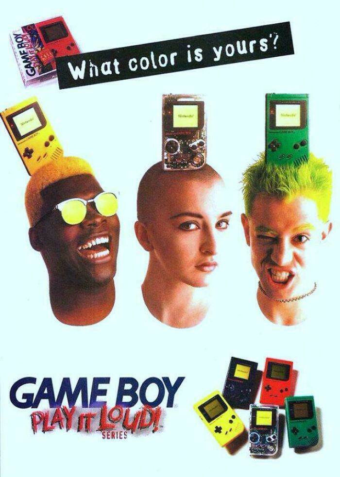 Three people with colorful hair wearing Game Boy devices on their heads, highlighting funny ’90s nostalgia and memes.