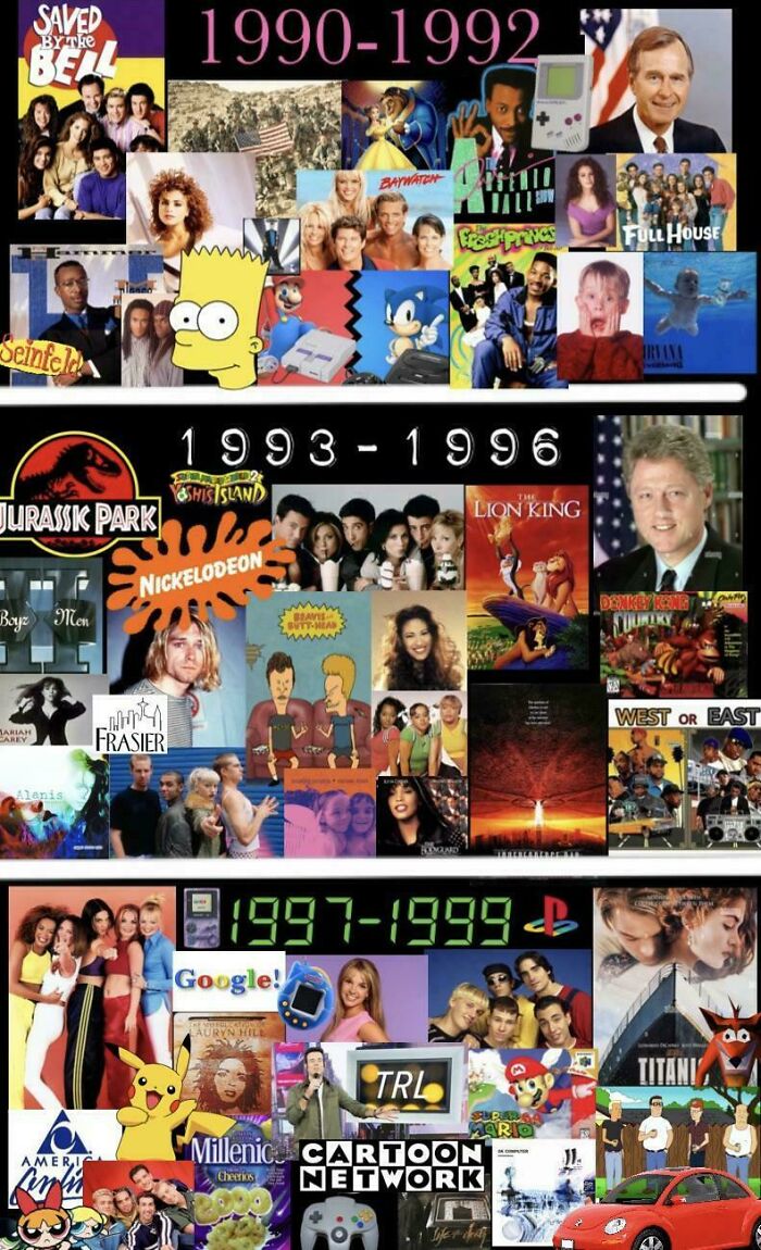 Collage of ’90s posts and memes featuring iconic TV shows, movies, and pop culture moments from different years.