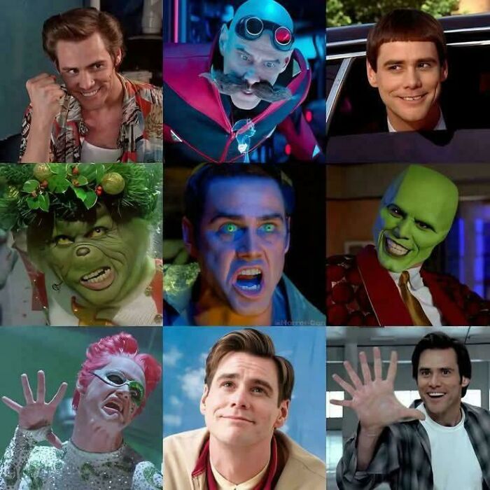 Collage of funny 90s movie characters including Jim Carrey in various iconic comedic roles and costumes.