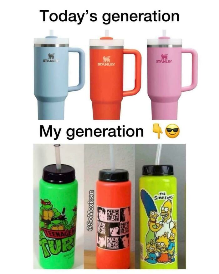 Comparison of modern Stanley tumblers and nostalgic ’90s cartoon water bottles from Teenage Mutant Ninja Turtles, New Kids on the Block, and The Simpsons.