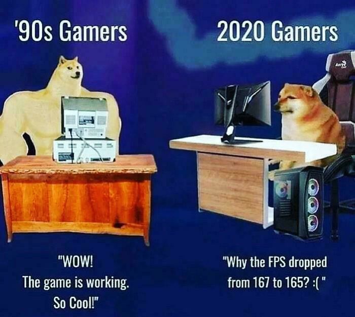Comparison of ’90s gamers and 2020 gamers using funny memes to jog childhood memories of gaming evolution.