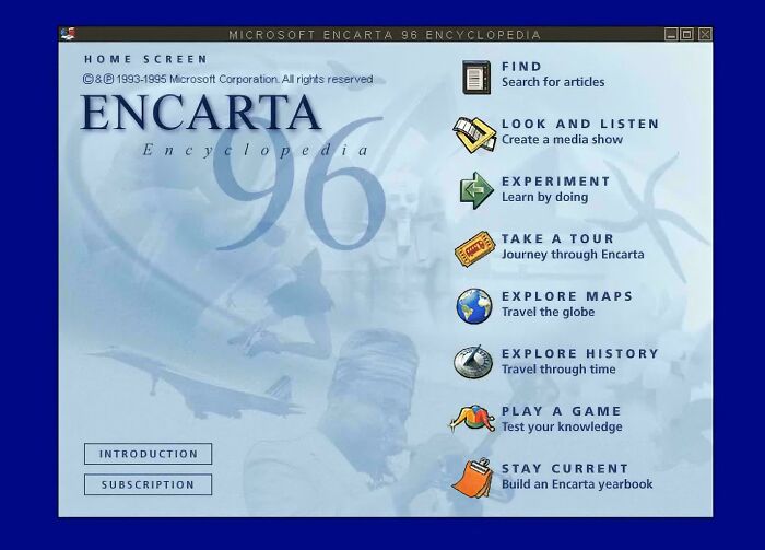 Screenshot of Microsoft Encarta 96 encyclopedia main menu, a nostalgic ’90s digital memory and childhood icon.