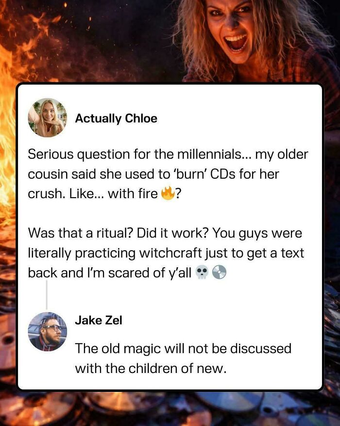 Funny ’90s meme about burning CDs for crushes, joking about millennial rituals and old magic not explained to new generations.