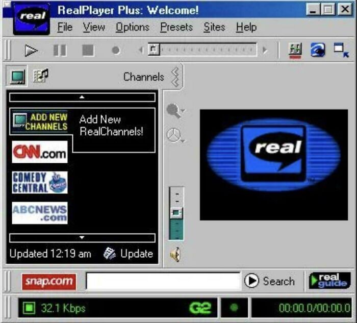 Screenshot of RealPlayer Plus interface from the ’90s showing channels and media player controls, nostalgic childhood memories.