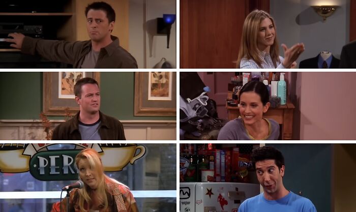 Cast members from popular TV show Friends featuring Joey, Rachel, Chandler, Monica, Phoebe, and Ross in various scenes.